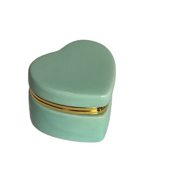 unbranded Other - Heart Shaped Ceramic Trinket Box Teal Green 3.5" x 3" x 2.5" Gold Trim